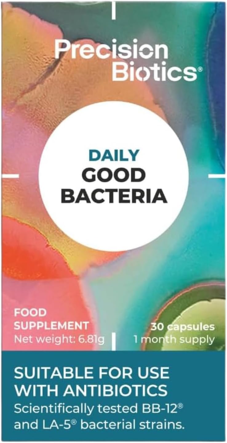 Daily Good Bacteria - Daily Gut Health Probiotics Supplement - BB-12 and LA-5 Bacterial Culture Strains + FOS fibers - 30 Capsules