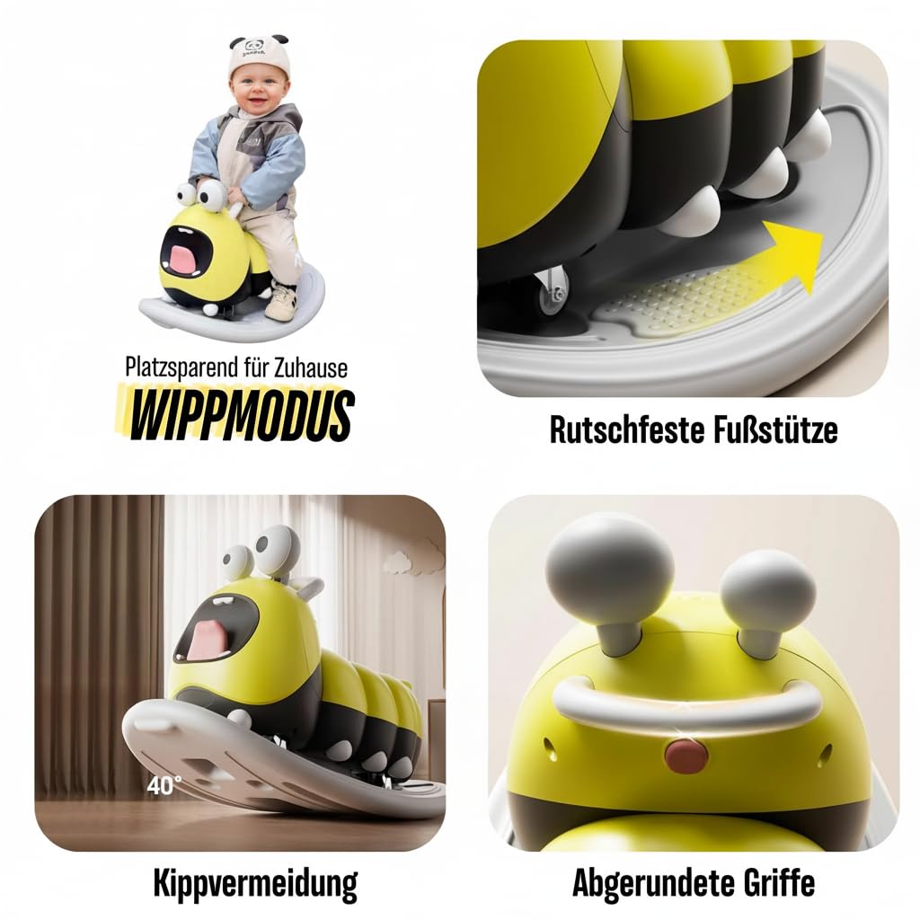 3in1 Rutschfahrzeug Babyroller + Schaukeltier + Balancierbrett, Yoyo Babyrutscher Rutschauto Geschenke ab 10 Monaten, PP Material, BPA-frei, max. 30kg, Gelb