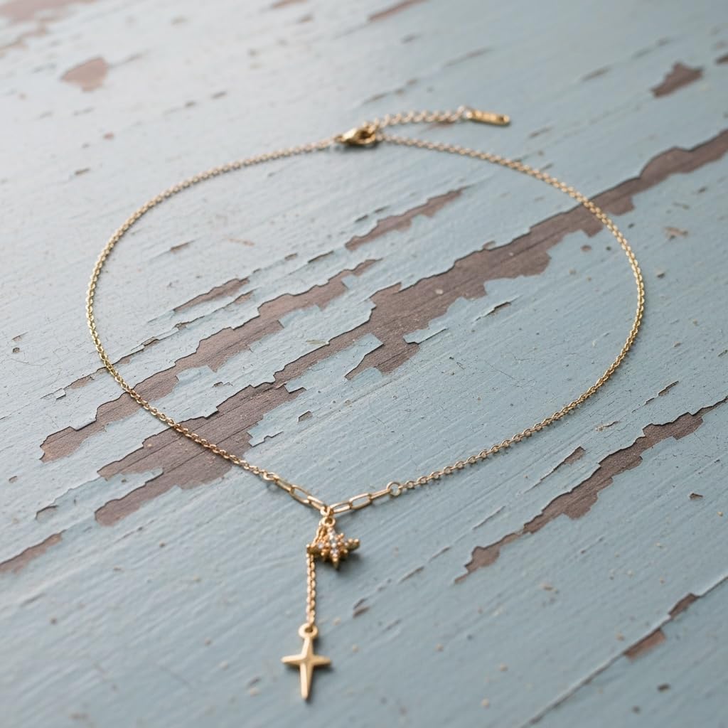 18K Yellow Gold Plated Lariat Y Necklace with CZ Star and North Star Charms Pendants for Women, Gold Plated over Stainless Steel, Tarnish Resistant, Waterproof, Length Measures 18-Inches with a 2-Inch Extension, Y Drop Measures 2 1/4-Inches