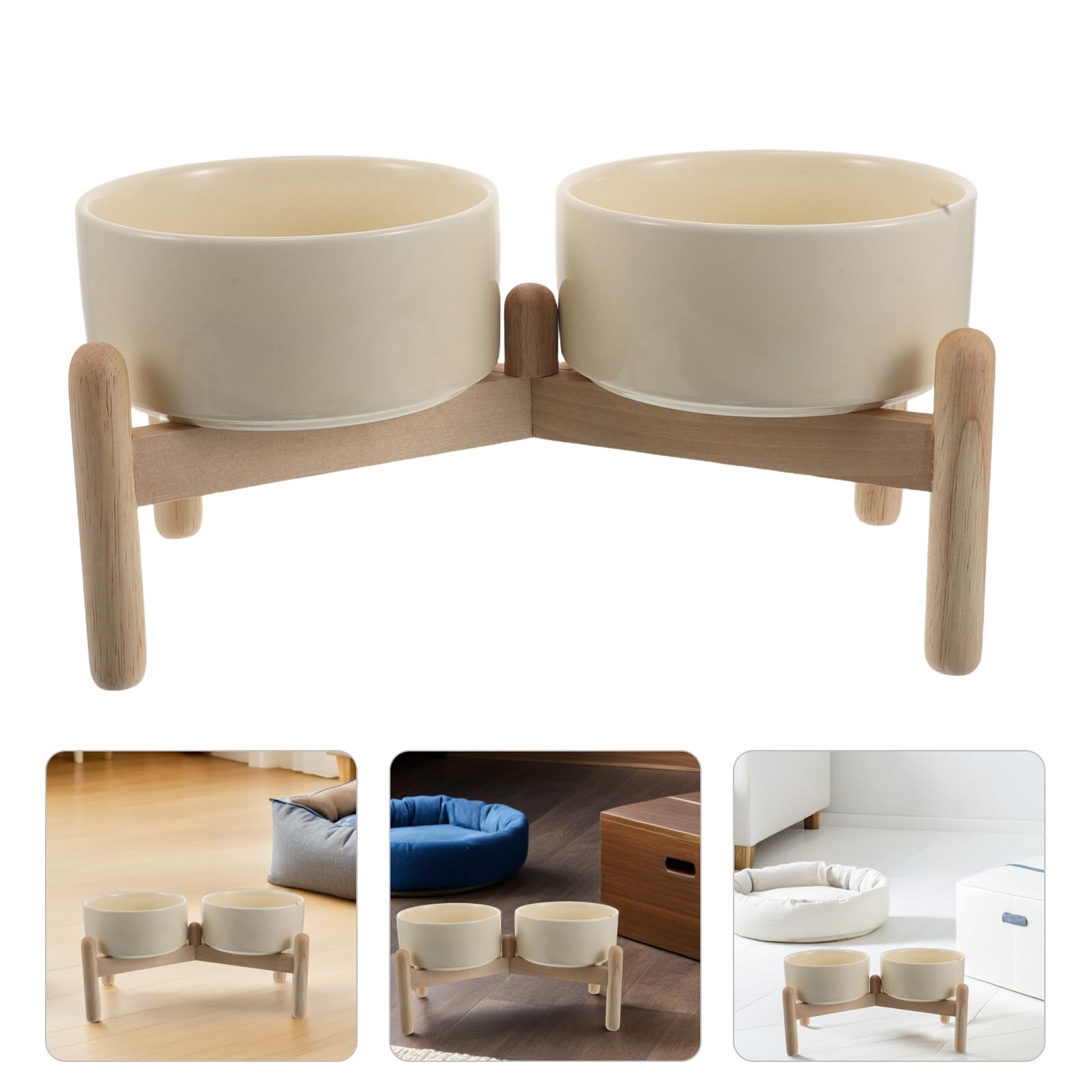 Gamelle Surélevée pour Chien et Chat en Céramique 850 ML avec Support en Bois Antidérapant 15,5 Cm, Double Bol pour Nourriture et Eau, pour Petites Races et Repas Ergonomiques
