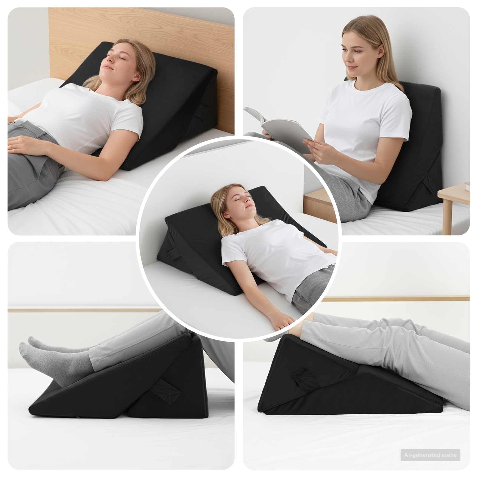 Cojín de esquina negro 55 x 55 x 26 cm de espuma viscoelástica funda de terciopelo y poliéster, diseño ergonómico para soporte de espalda y postura, ideal para cama o sofá, cuidado