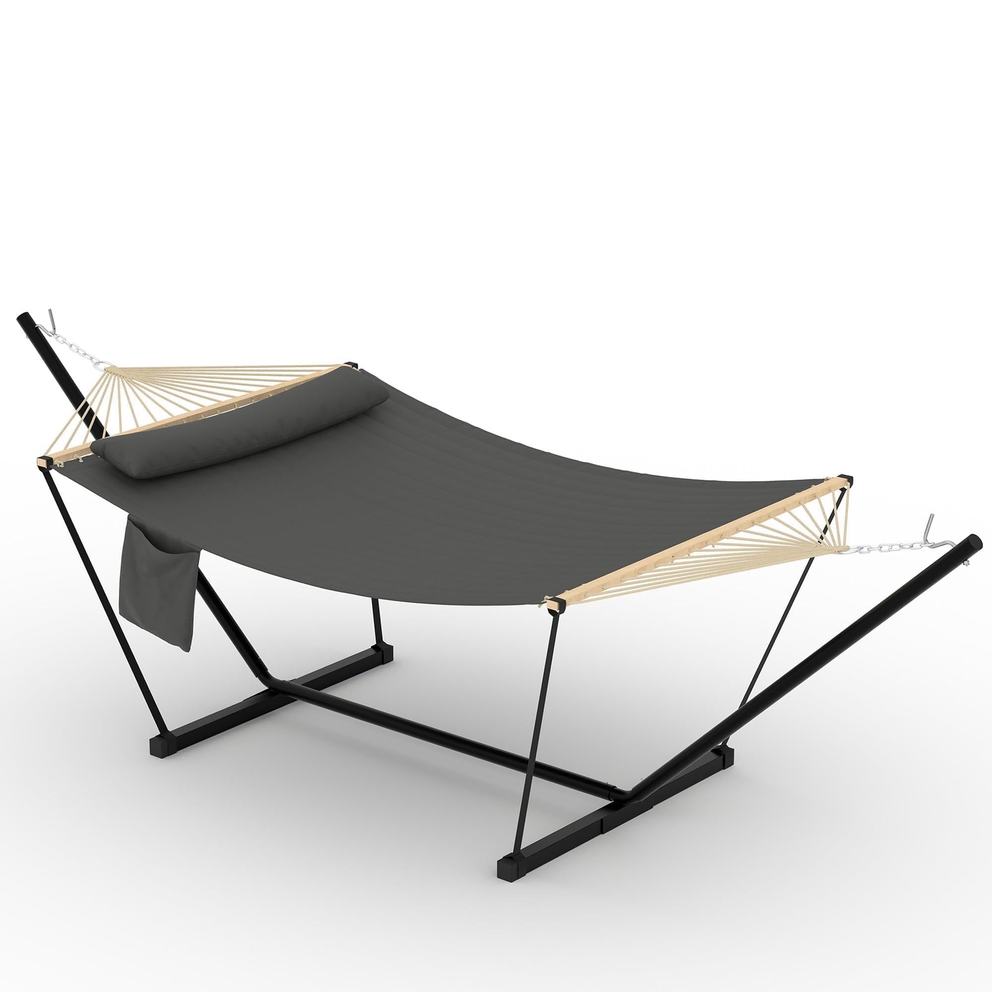 Double Hammock with Stand for 2 Adults – Heavy Duty 12FT Outdoor Patio Hammock – Adjustable Steel Frame, Wooden Spreader Bar, Detachable Pillow, 450 lbs Capacity – Dark Gray