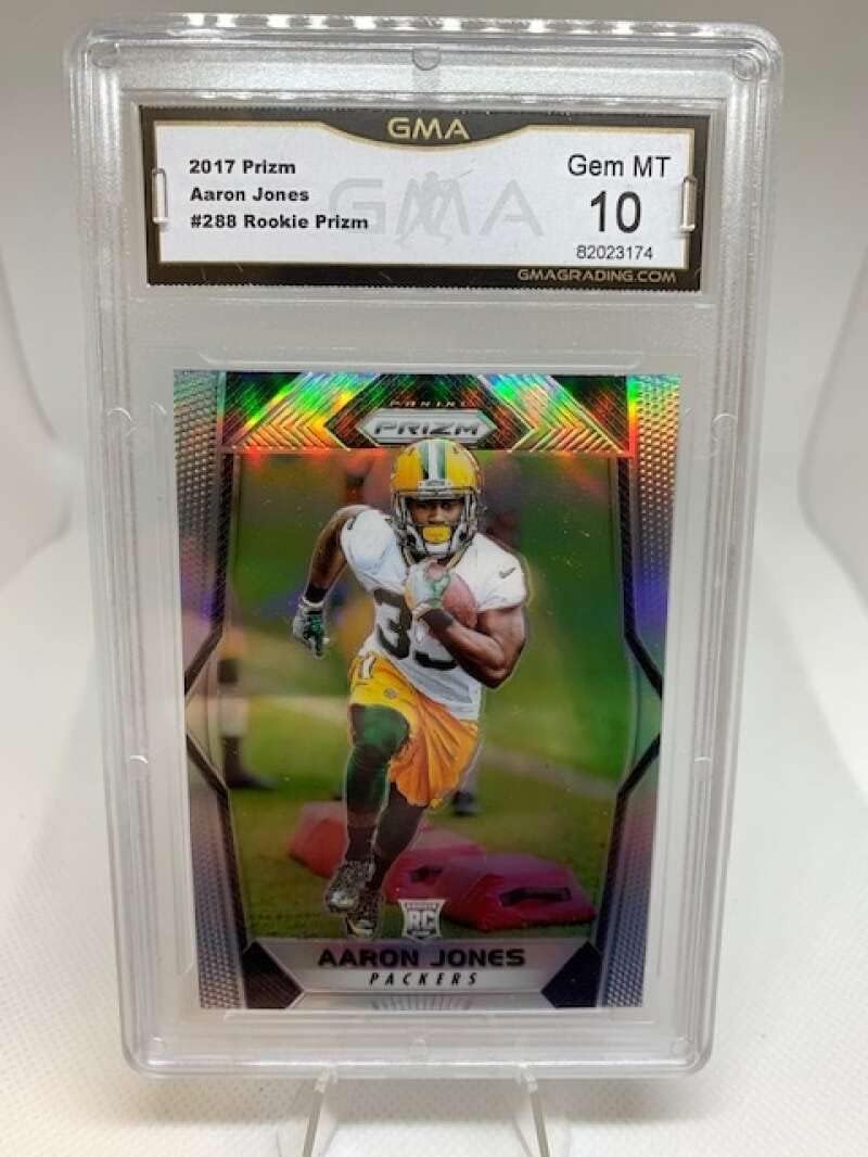 GMA Gem Mint 10 - #82023174 2017 Panini Prizm Silver Rookie - #288 Aaron Jones Green Bay Packers Professionally Graded NFL Football Trading Card.