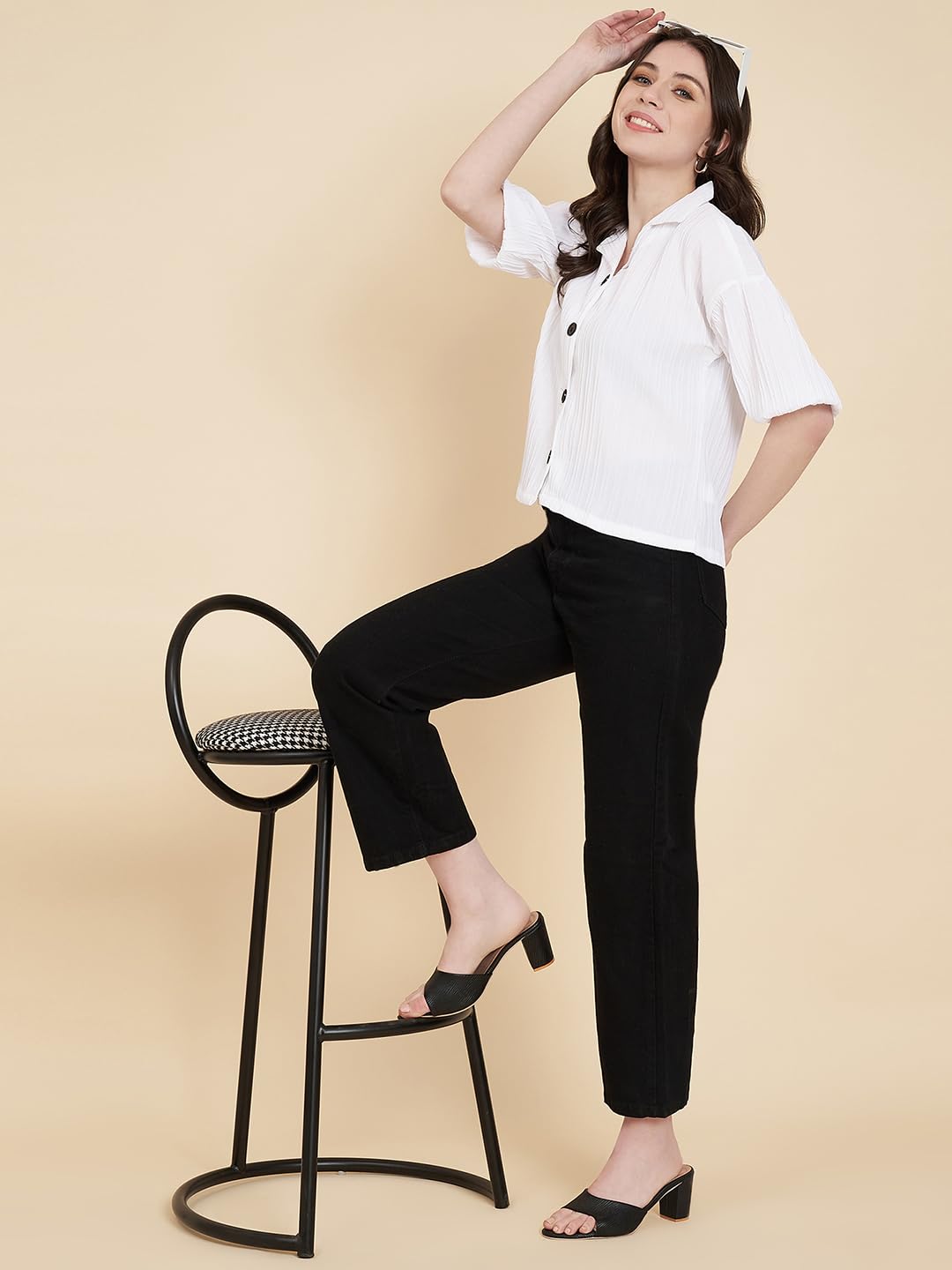 Ekasya Damen-Baumwoll-Mischgewebe, gestreiftes Muster, V-Ausschnitt, halbe Ärmel, stilvolles Boxy-Hemd für Damen, langes Hemd für Damen, Hemd, Tops für Damen, übergroßes Hemd für Damen (E1621)