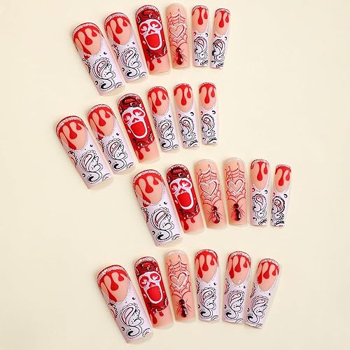 Miniatura 2 de Uñas postizas a presión para Halloween, uñas postizas largas con diseño de ataúd con diamantes de imitación, araña, fantasma, cara de bailarina,