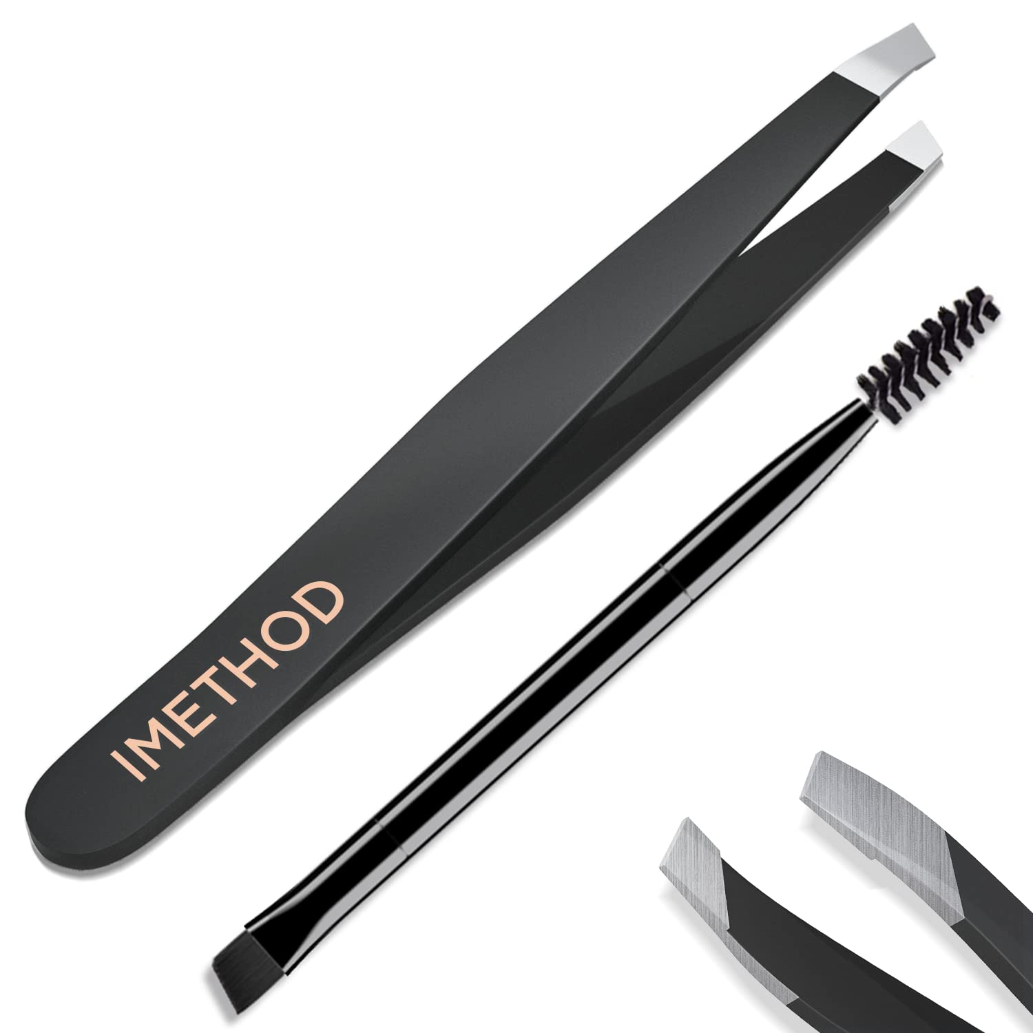 iMethod Tweezers and Eyebrow Brush - Tweezers for Women & Men,Tweezers Precision for Eyebrow & Ingrown Hair Removal, Eyebrow Tweezers with Double-Ended Eye Brow Brush, Super Value