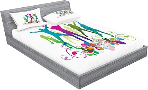 Miniatura 9 de Ambesonne Youth Fitted Sheet & Pillow Sham Set, Dancing Teenagers People Dancing and Jumping Vibrant Silhouettes Floral Border Detail, Decorative