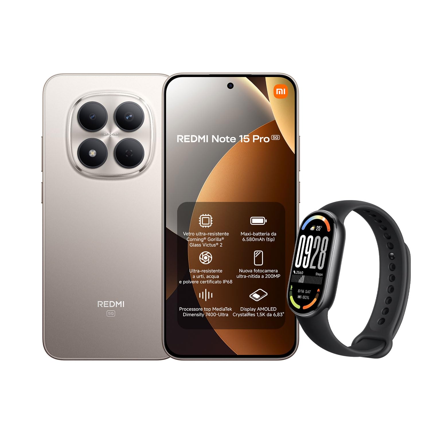 Xiaomi Redmi Note 15 Pro 5G, 12+512GB, Batteria massiccia da 6580 mAh, IP66/IP68, Nuova fotocamera 200 MP, Display AMOLED da 6,83", Titanio, Garanzia 2 anni, Caricatore non incluso + Smart Band 10