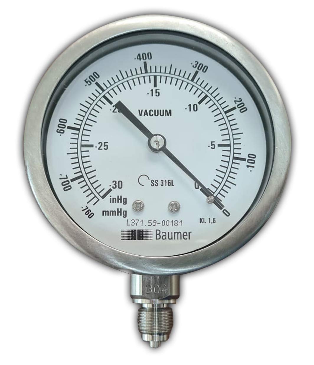 Baumer BVF2 4" (100 mm) SS Pressure Gauge with SS 304 Body Bourdon Tube