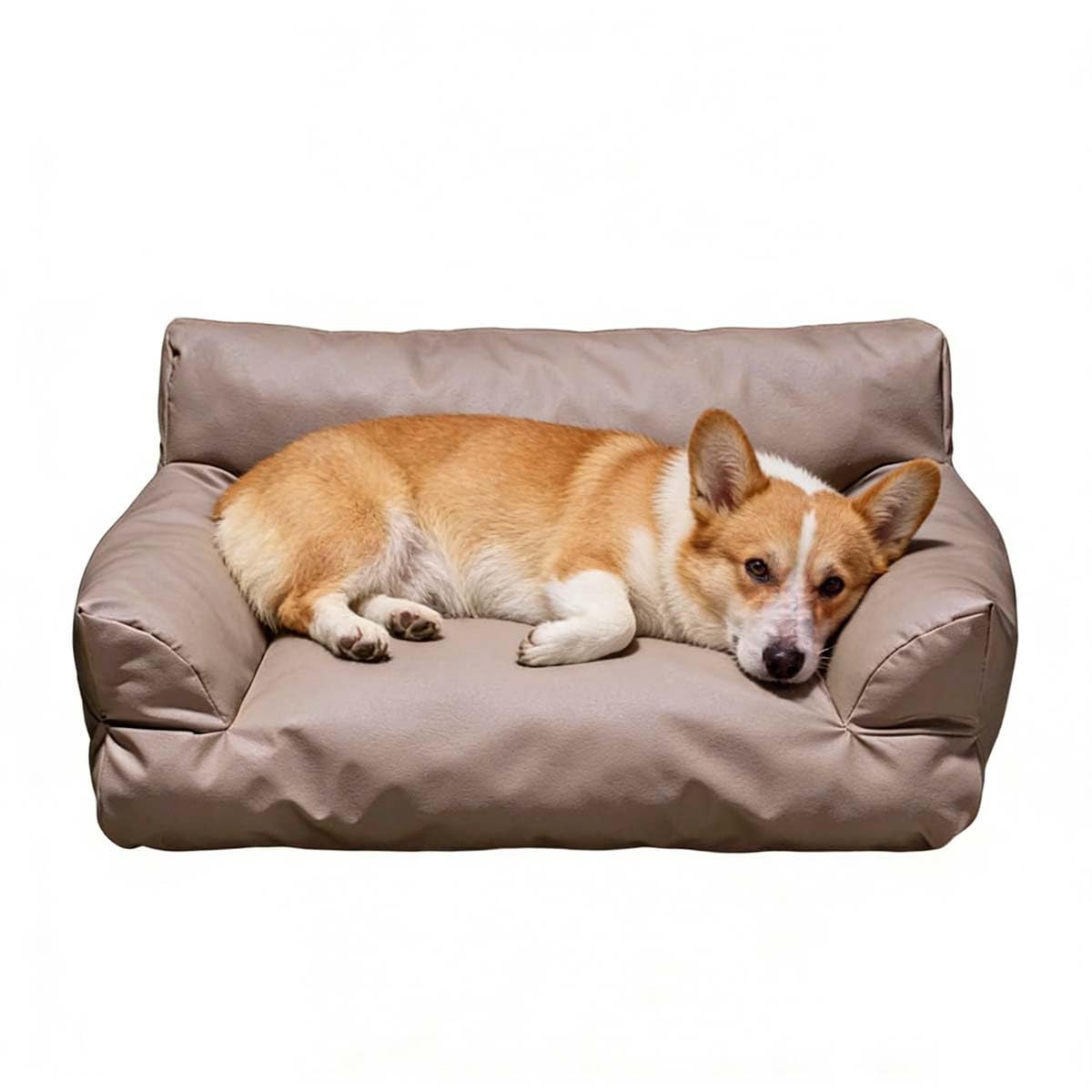 Mozzeilee Cat Sofa Bed for Indoor Cats and Small Dogs, Waterproof Faux Leather Pet Couch with Removable Washable Cover, Non-Slip Bottom Dog Calming Cushion (65x45x26cm,Coffee)