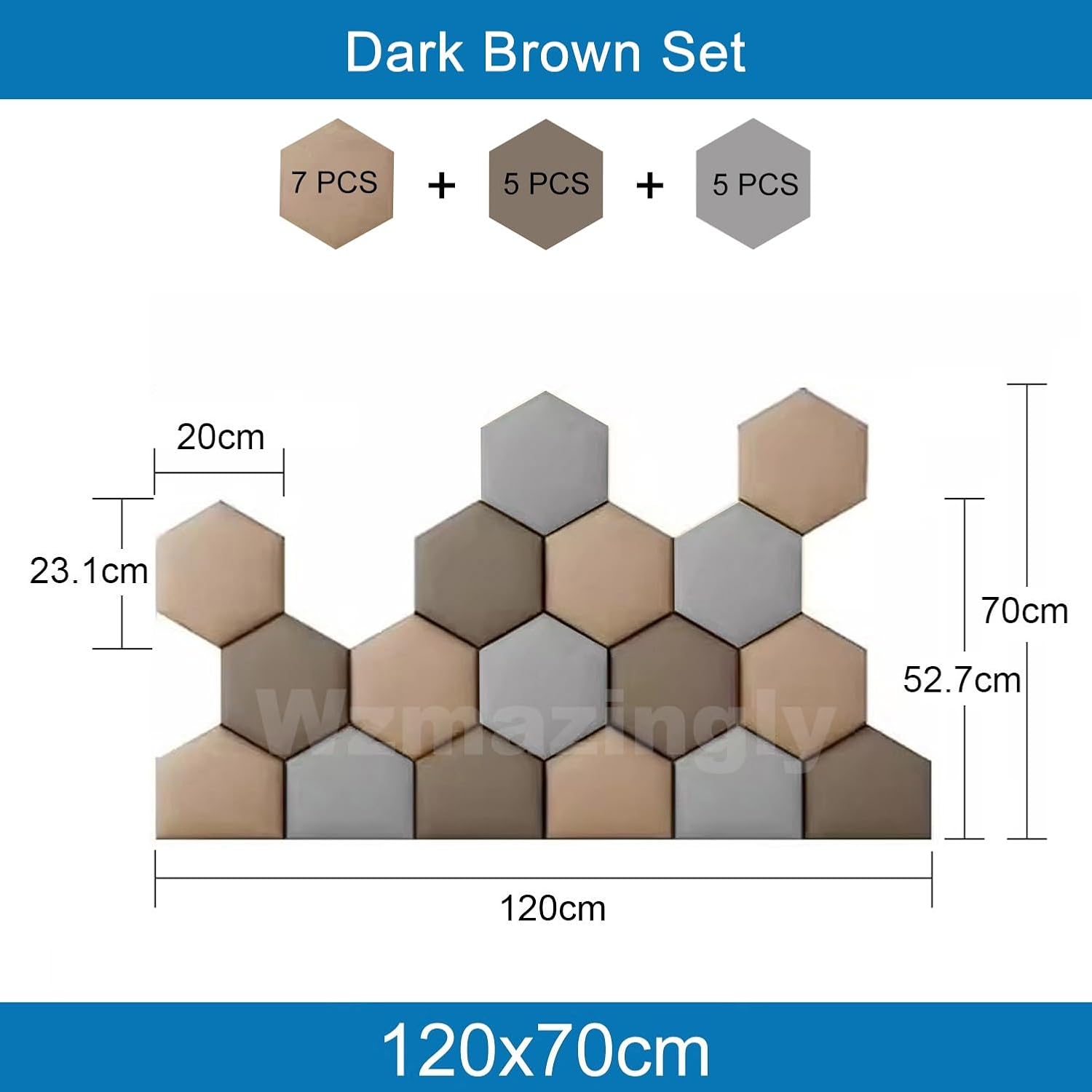 3D Padded Wall Panels, Anti-Collision Sponge Padding, Wall-Mounted Headboard, Self-Adhesive Hexagon Stickers for Bedroom Decor, Dark Brown, 120x70cm