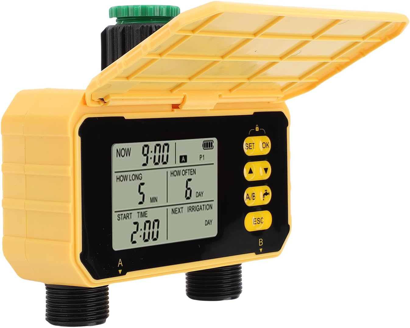 Solar Panel Sprinkler Timer, Double Outlet Smart Water Timer with Rain Sensor, Automatic Watering Valve Irrigation Controller System for Garden Hose Lawns Yard