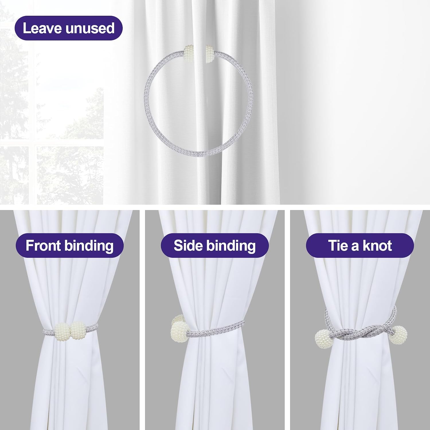 6 Pack Magnetic Curtain Tiebacks for Home Bedroom Office Window Décor, Modern Handmade Decorative Curtain Holdbacks for Curtains Draperies (Grey & White)