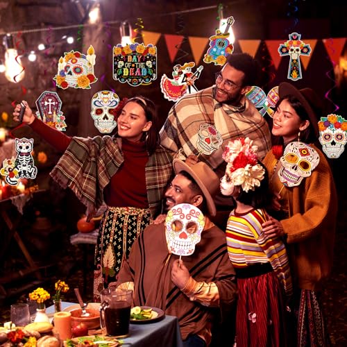 Image of 48 Pieces Day of the Dead Hanging Swirls Cinco De Mayo Party Decorations with Colorful Cross Skull Cat Bride Grave for Mexican Fiesta Themed Dia De Los Muertos Birthday Decor Supplies