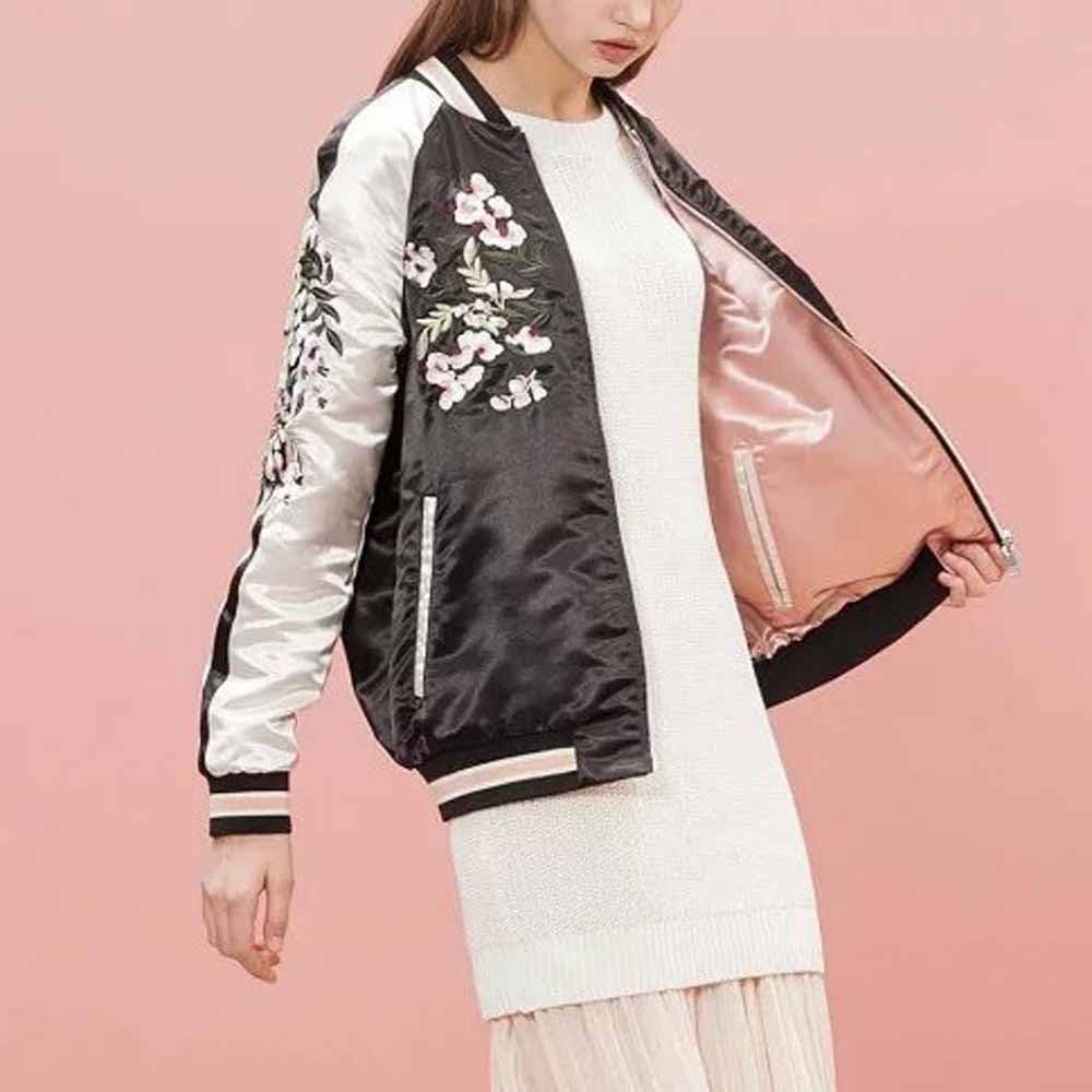 Women's Floral Phoenix Embroidered Reversible Bomber Jacket Black Red - Image 2