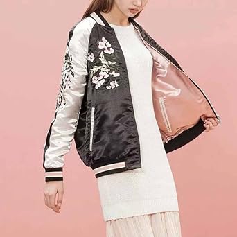 Women's Floral Phoenix Embroidered Reversible Bomber Jacket Black Red