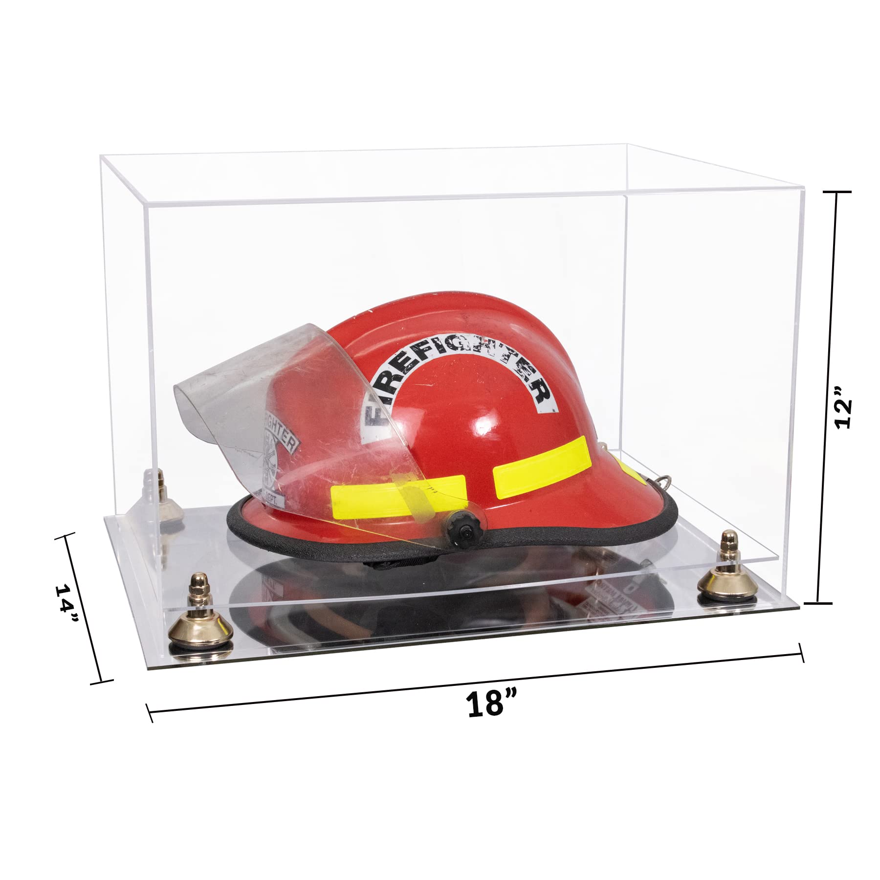 Better Display Cases Acrylic Fireman's Helmet Display Case - Large Rectangle Box with Clear Case with, Gold Risers and Mirror Base 18