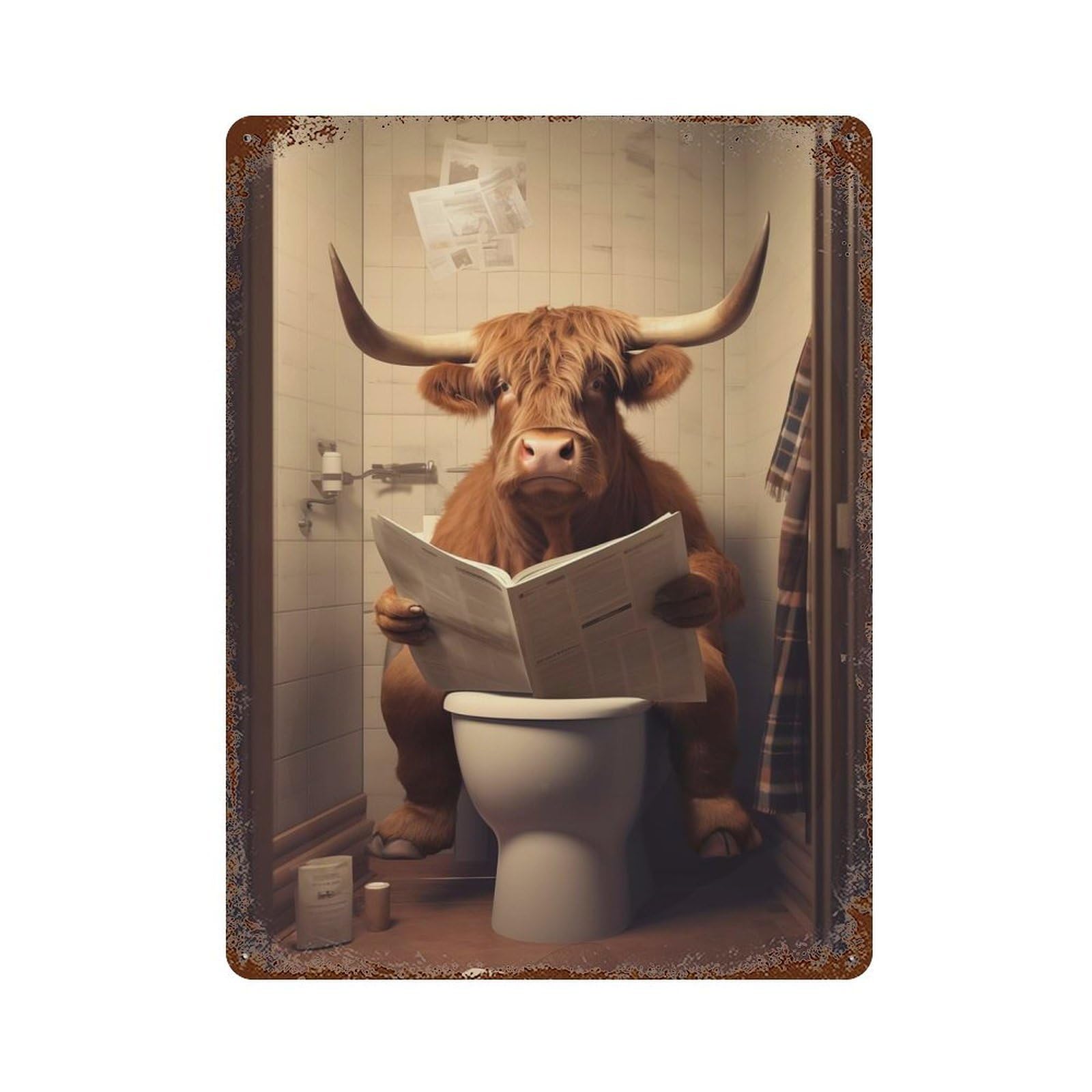 Aged Metal Wall Plaque with Highland Cow on The Toilet Design 15.7"x11.8", for Pub, Kitchen And Man Cave Decor, Shabby Chic Decor