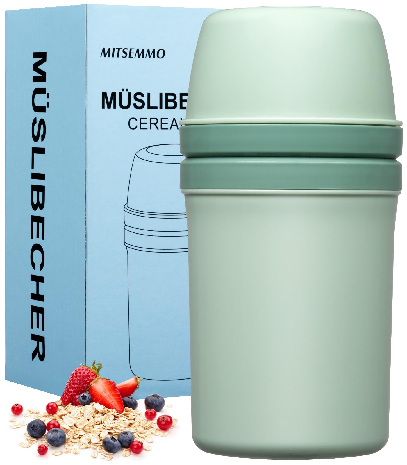 Mitsemmo Cereal Cup to Go 600 ml + 270 ml, Yoghurt Cup to Go Children with Spoon, Cereal Bowl, Breakfast Container (Green)