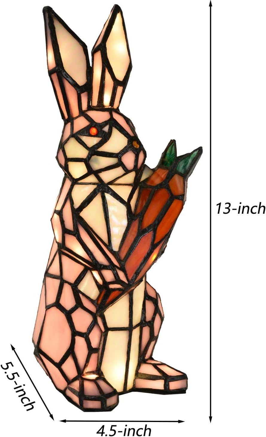 Bieye L10949 Rabbit Holds Carrot Tiffany Style Stained Glass Accent Table Lamp for Home Decor (Pink)