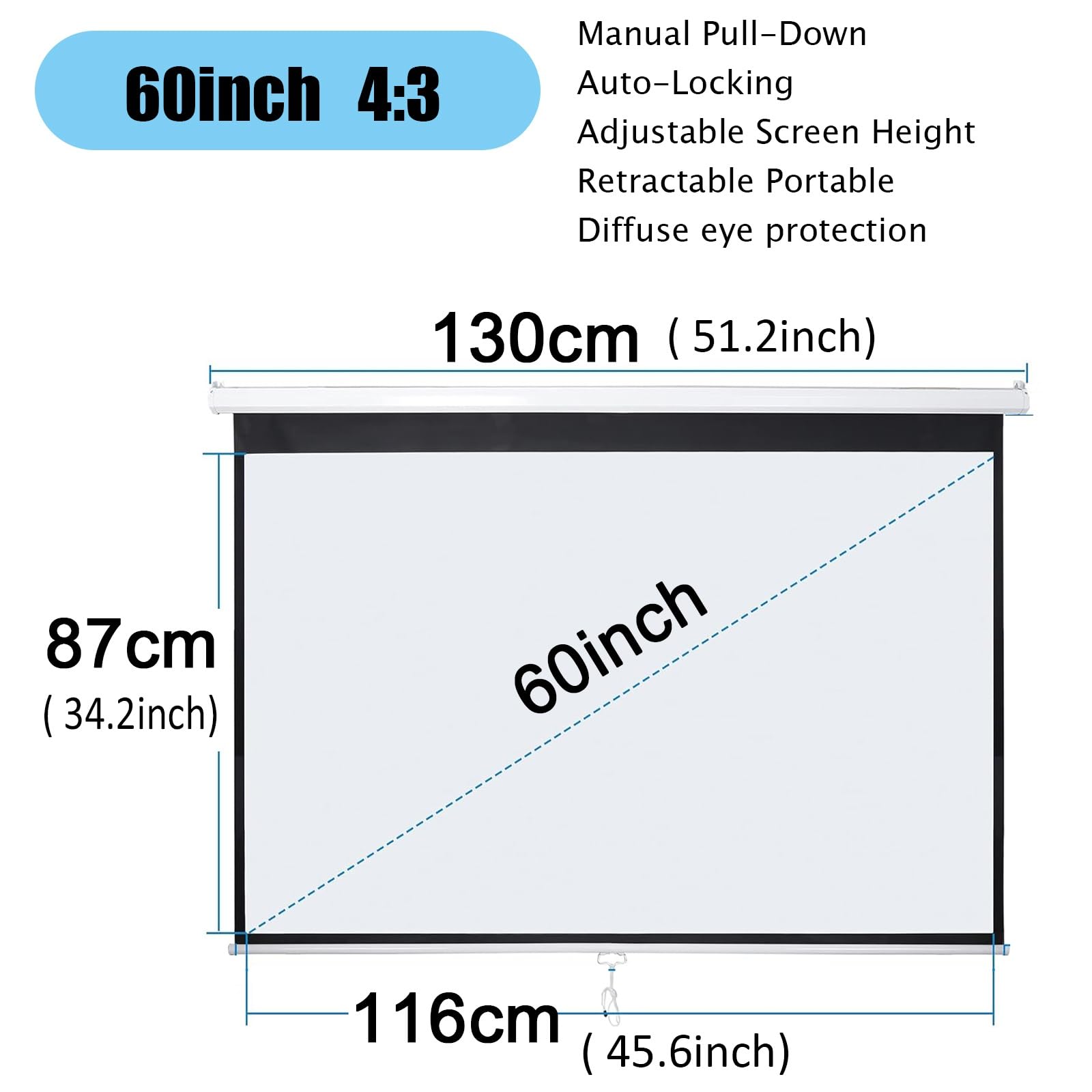 Manuale Telo Proiettore Avvolgibile - 60 72 Pollici Schermo Per Proiettore Universale 4:3 16:9 HD - Projector Screen W/Auto-Locking, Altezza Regolabile, Montato A Parete/soffitto(60inch 4:3)