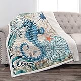 Jekeno Sea Horse Sherpa Blanket Smooth Soft Ocean Style Print Throw Blanket for Sofa Chair Bed Offic