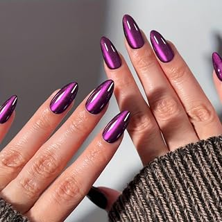 Cat Eye Press on Nails Medium Almond Fake Nails Purple Nails Press Ons Glitter Design Stick on Nails Full Cover Acrylic Glue on Nail for Women Nail Art Decoration 24Pcs