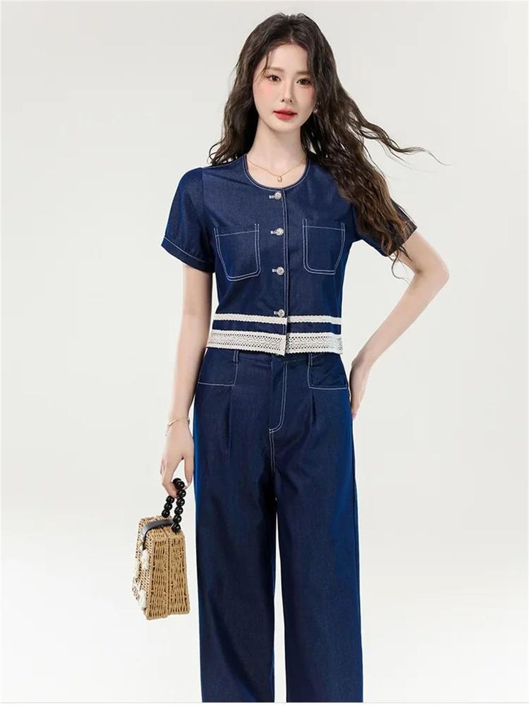 Women's Denim Two Piece Set Lace Patchwork Vest High Waist Pants Casual Outfit