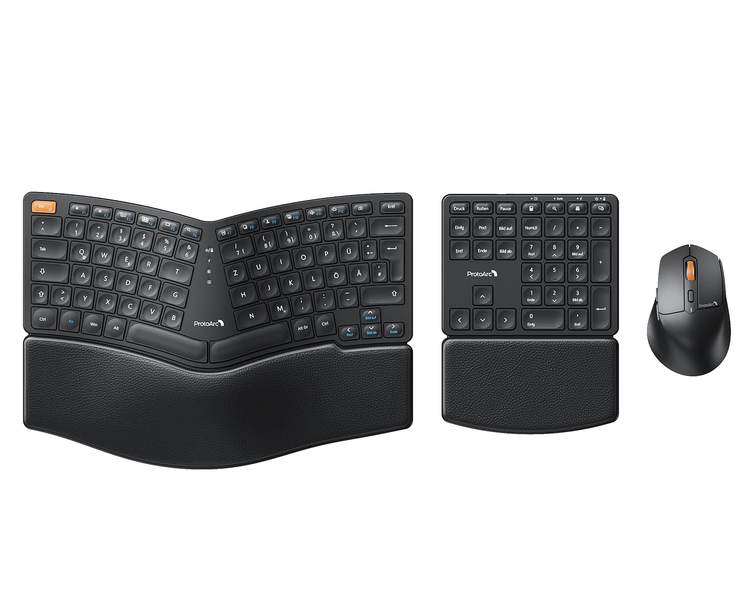 ProtoArc Ergonomische Tastatur Maus Set, EKM04 2,4 GHz Kabellos Ergo Tastatur Maus, Separater Ziffernblock, Geteiltes Design, Handballenauflage, Tastatur Split für Desktop, PC, Laptop, Windows