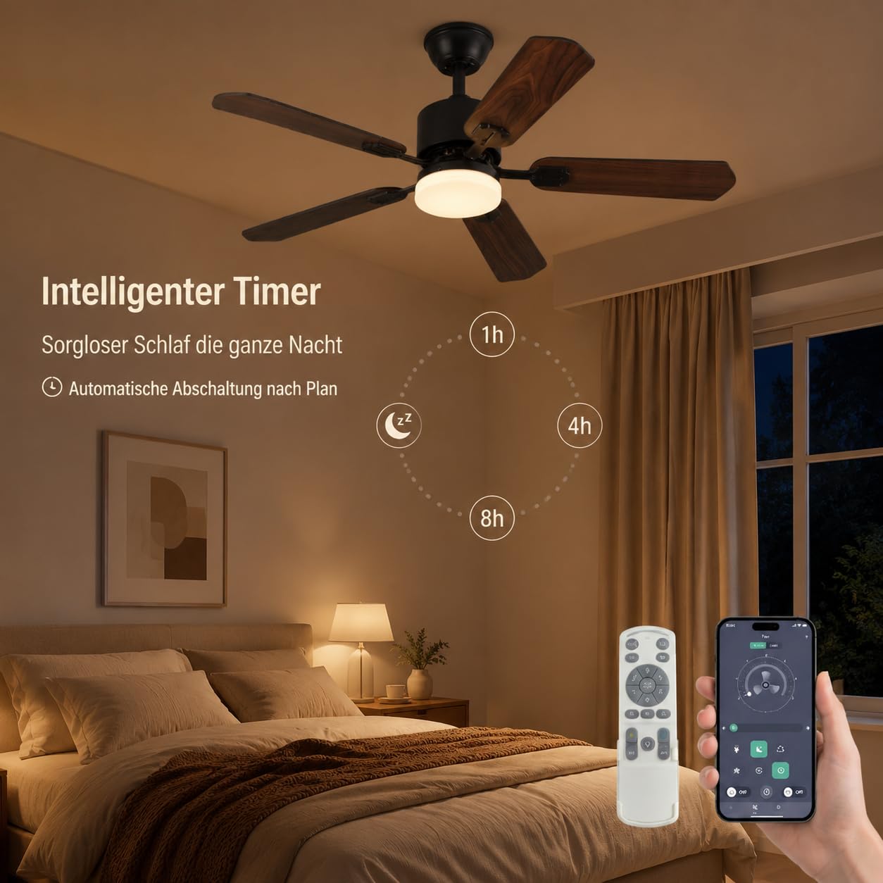 DATO Deckenventilator mit Beleuchtung und Fernbedienung,108 cm,5 Holzflügel,3 Farbtemperaturen,Timer,für Schlafzimmer und Wohnzimmer (Schwarz, 108 cm)