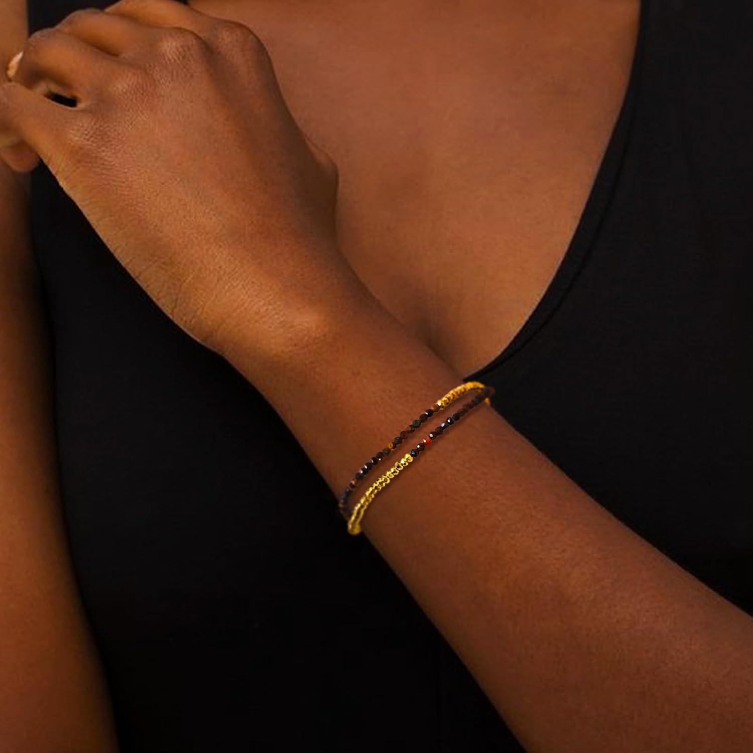 GVUSMIL Bead Bracelet for Women Layered Stone Mixed Bracelets Handmade 18K Gold Plated Beaded Chain Bracelet boho bracelets Adjustable Stackable Bracelet (Tiger Eye) - Image 6