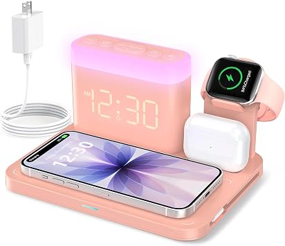 ANJANK 5 in 1 Wireless Charging Station with Alarm Clock,7 Night Light & 0-100% Dimmer,Qi Mag-Safe Charger Stand for Apple Devices - for iPhone 17 16 15 14 13 12 Pro Max Plus Air,Apple Watch,Airpods