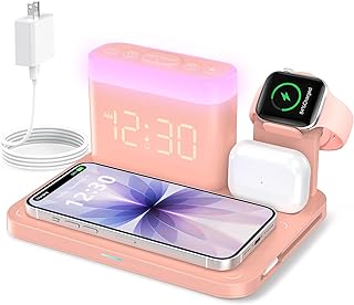 5 in 1 Wireless Charging Station with Alarm Clock,7 Night Light & 0-100% Dimmer,Qi Mag-Safe Charger Stand for Apple Devices - for iPhone 17 16 15 14 13 12 Pro Max Plus Air,Apple Watch,Airpods