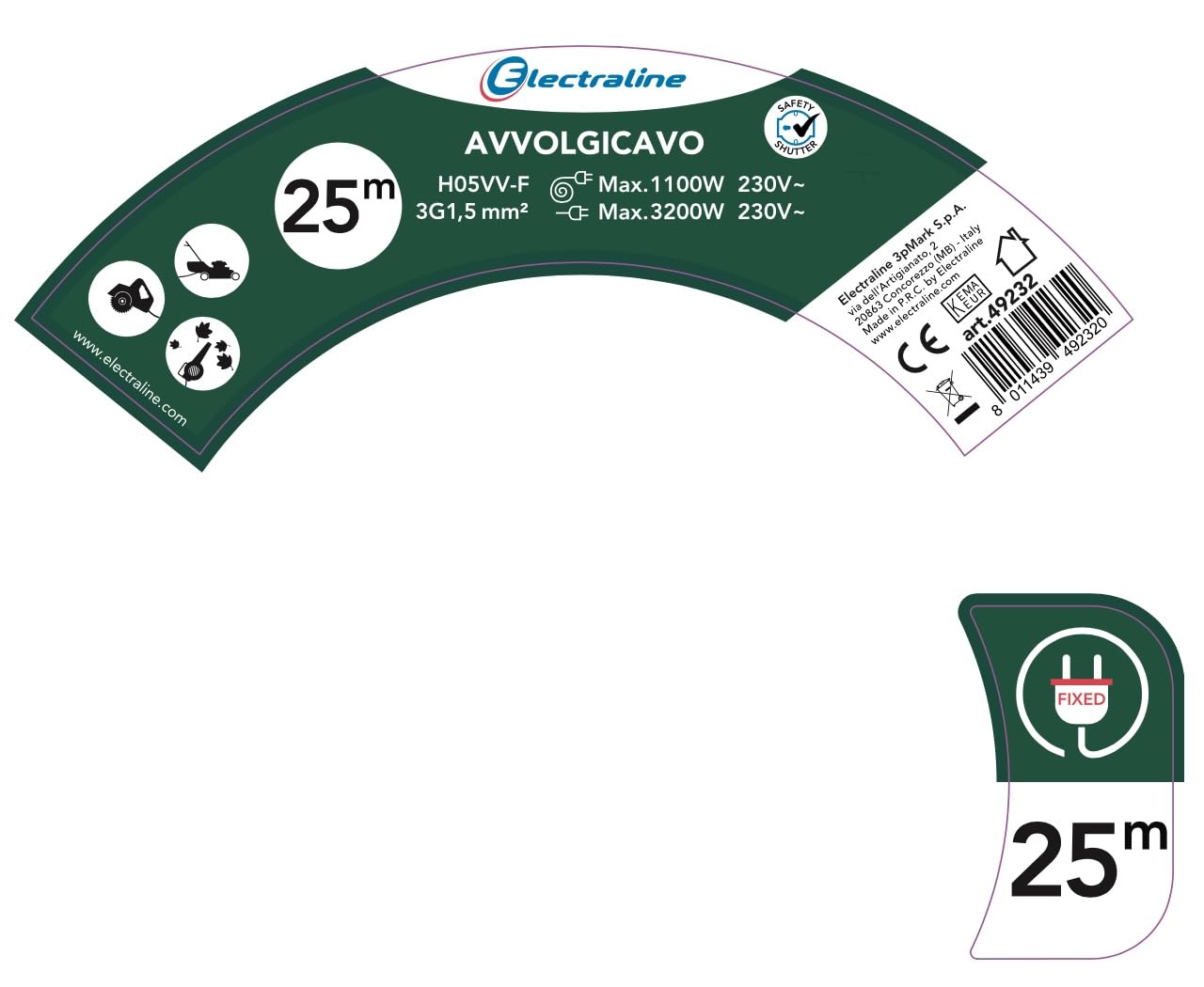 Electraline 49232 Uniwersalne gniazdo kablowe pasuje do urządzeń ogrodniczych, ochrona termiczna, 25mt., przekrój kabla 3G1,5 mm²