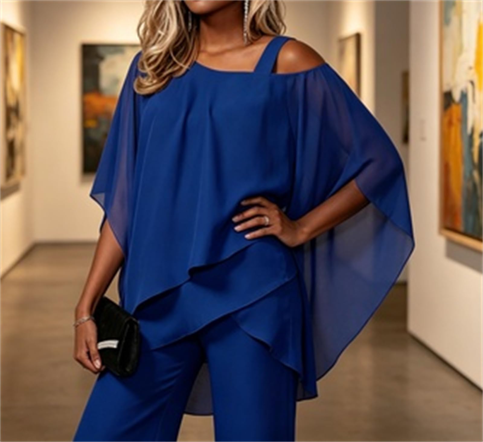 Generisch Elegantes Set aus Chiffon-Lagen-Top & Hose mit weitem Bein – Zweiteiliges Damen-Outfit mit asymmetrischem Oberteil und High-Waist-Hose für festliche Anlässe