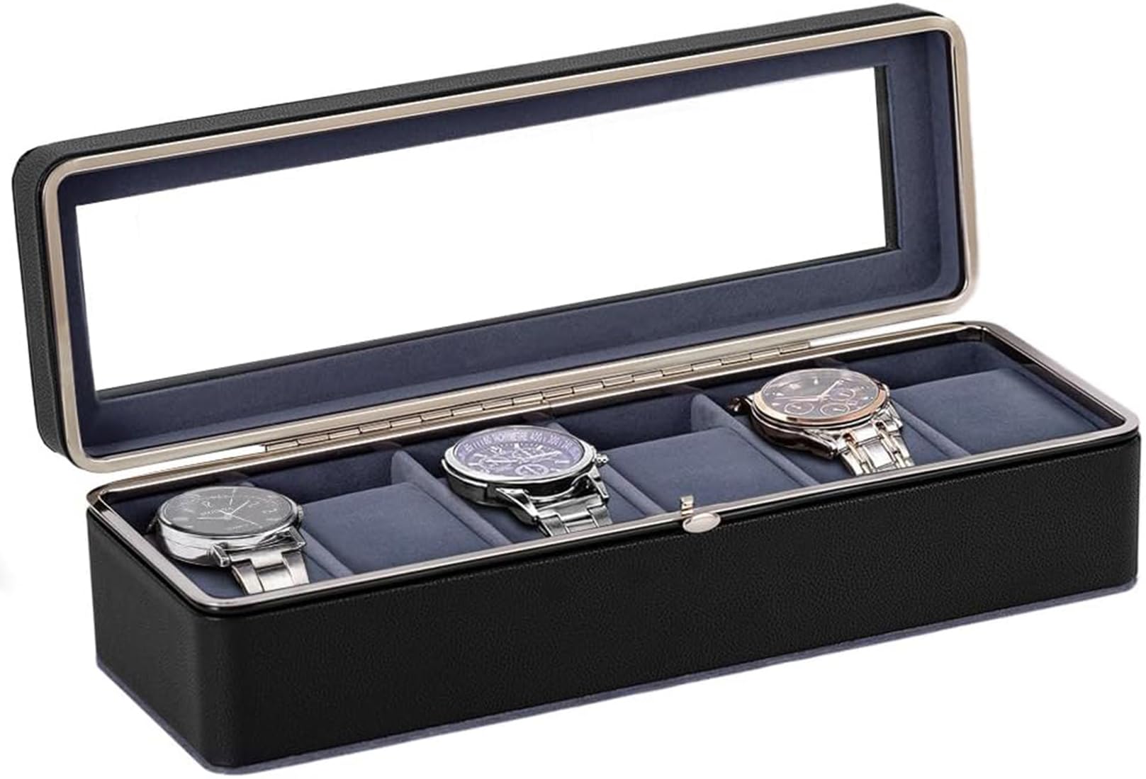 Styleys Caja de reloj de 6 ranuras en piel sintética, organizador de exhibición forrado de terciopelo con tapa de cristal, W-155B, color negro