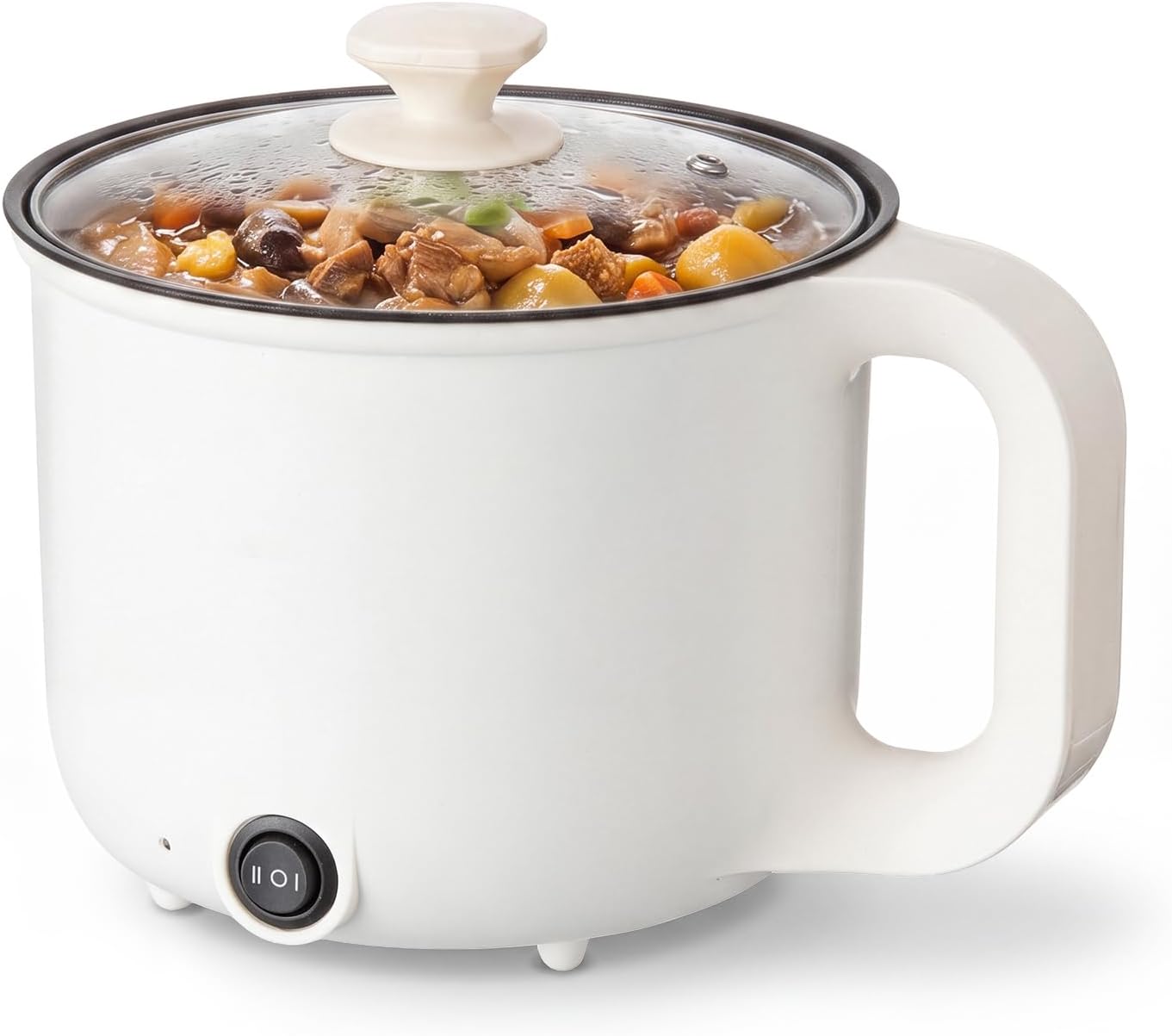 Mini Electric Hot Pot 1.6l with Handle, Portable Nonstick Ramen Cooker with Glass Lid for Dorm Travel Office, Fast Heating Soup Noodle Pot, White