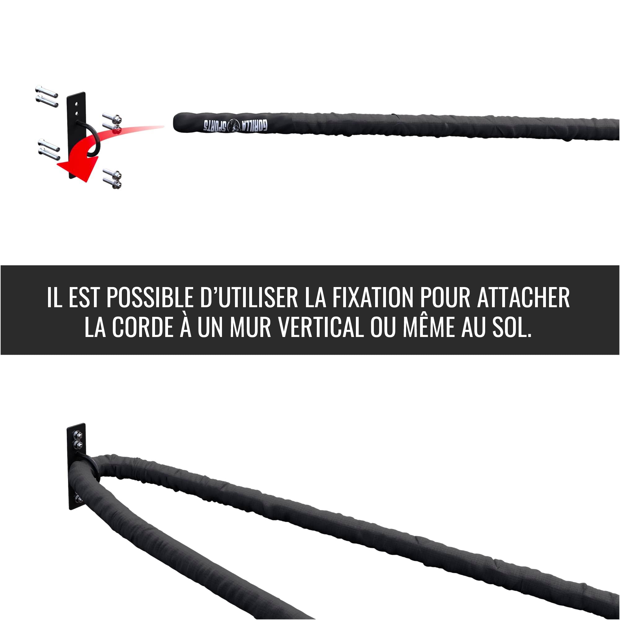 Gorilla Sports® Battle Rope - Longueur 9/12/15 m, Diamètre 38mm/50mm, avec Fixation Mural, en Nylon, Noir - Corde de Bataille, de Combat, Ondulatoire pour Entraînement, Sport, Fitness et Musculation