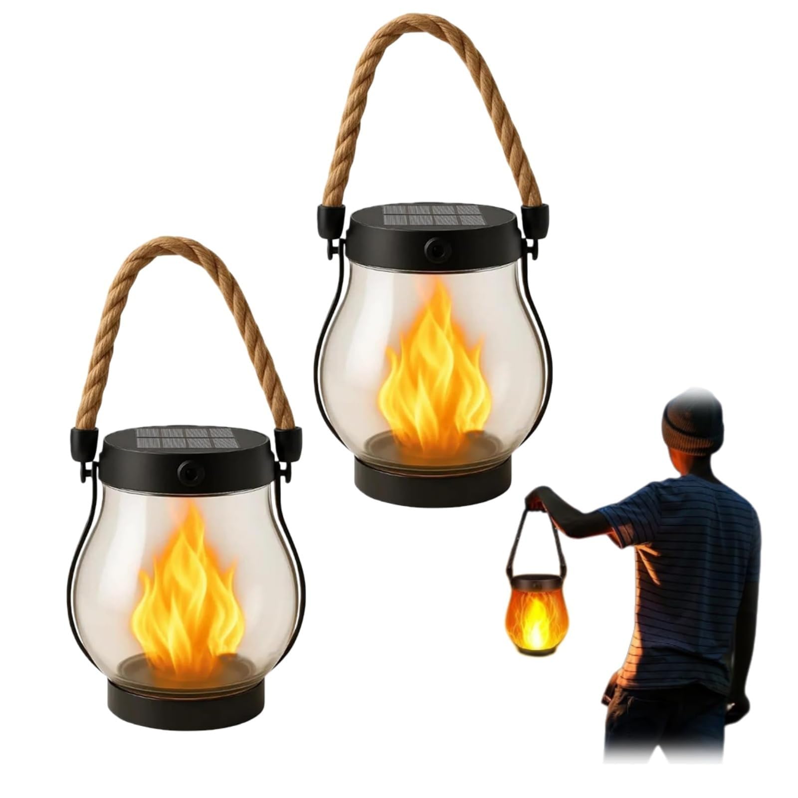 Llamaviva Farol Con Efecto De Fuego Realista - Carga Solar & USB-C, 2 Modos de Iluminación, Encendido Automático