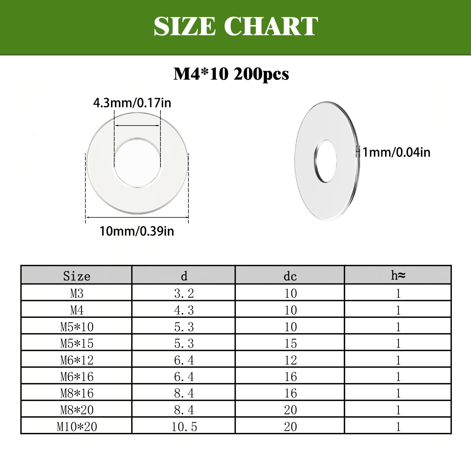 Hexizexi 200Pcs M4x10mm Washers for Screws Stainless Steel Washers Silver for Screws Nuts Bolts, M4x10mm 200pcs - Image 2