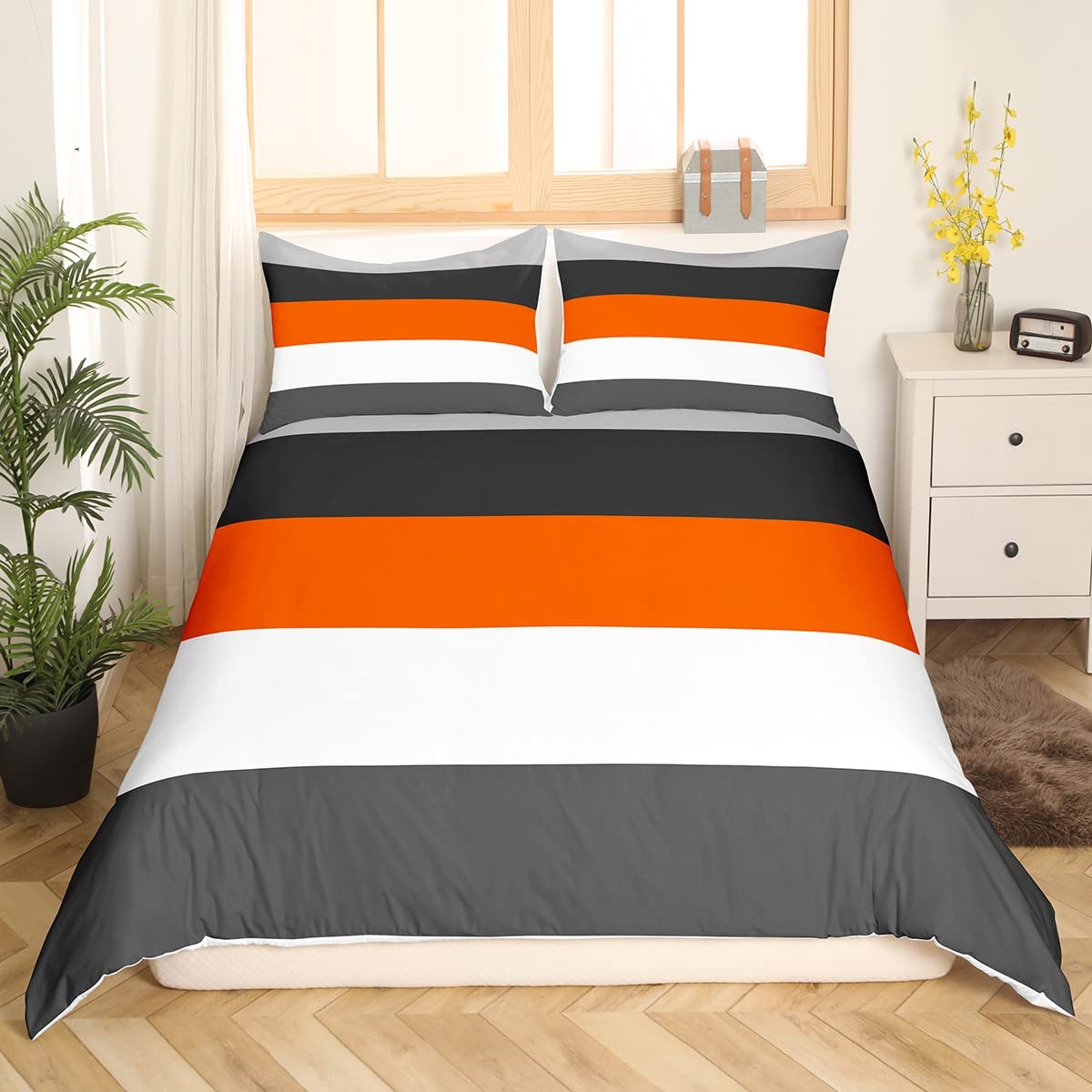 Loussiesd Kids Geometric Abstract Bedding Set Grey Orange Stripes Lines Duvet Cover for Kids Women Men Bedroom Modern Square Decor Comforter Cover Set Decor Bedspread Cover Single Size Bedclothes - Image 2