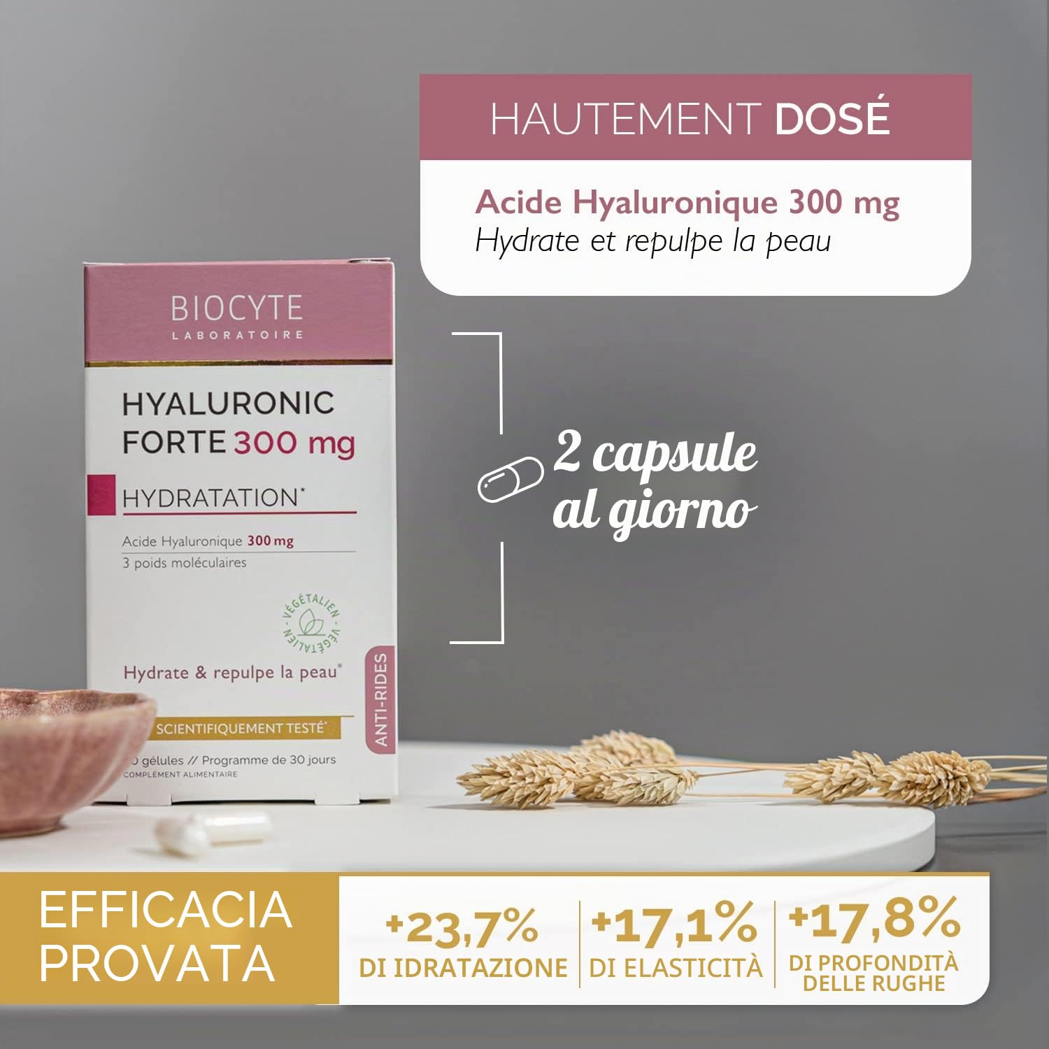 BIOCYTE Pack Hyaluronic Forte - Integratore alimentare anti-invecchiamento e idratazione della pelle - acido ialuronico - 90 capsule - programma di 3 mesi