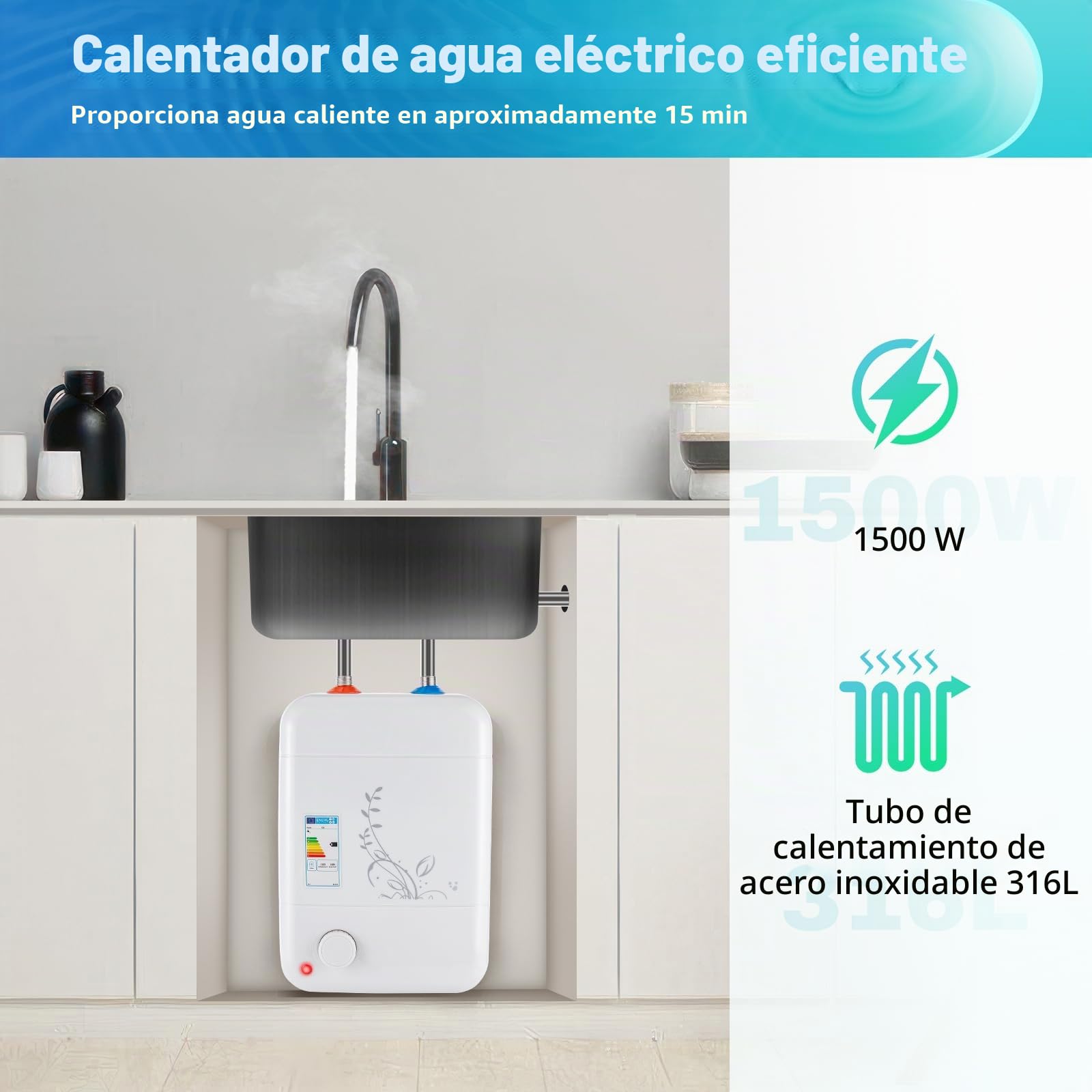 Calentador de agua de 5L, 30-75℃, bajo encimera listo para enchufar, calentador de agua pequeño portátil, para cocina, baño, ducha, escuelas