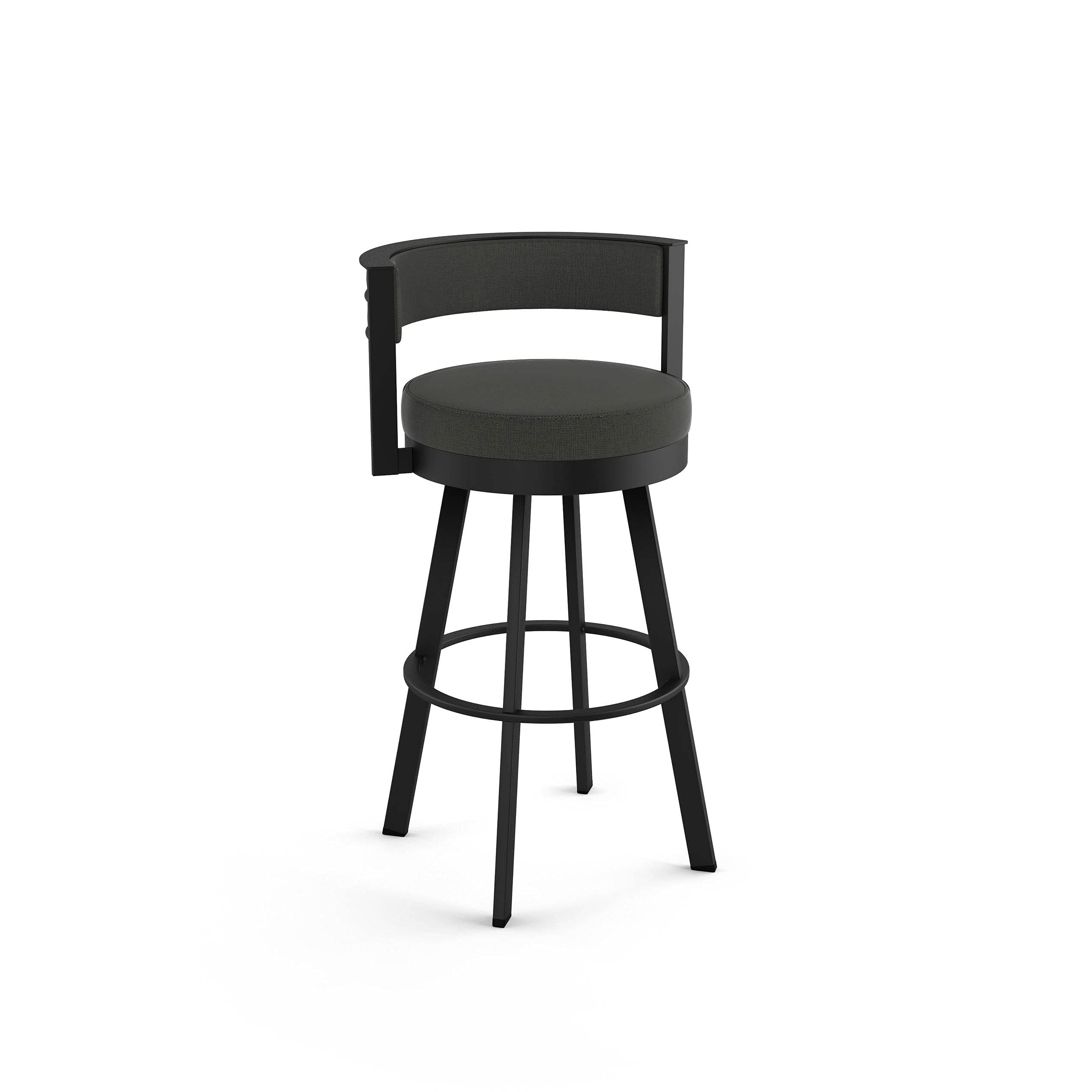 Amisco Browser 30" Swivel Bar Height Barstool, Upholstered with Back for Kitchen Island or Bar - Light Grey Polyester / Glossy Grey Metal