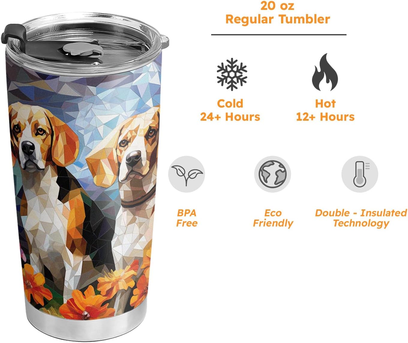 20oz Colorful Sihouette Mosaic Stained Glass Crystal Family Couple Beagle Tumbler, Gifts for Beagle Lovers, Stainless Steel Double Wall Vacuum Insulated Coffee Mug, Travel Cup with Lid