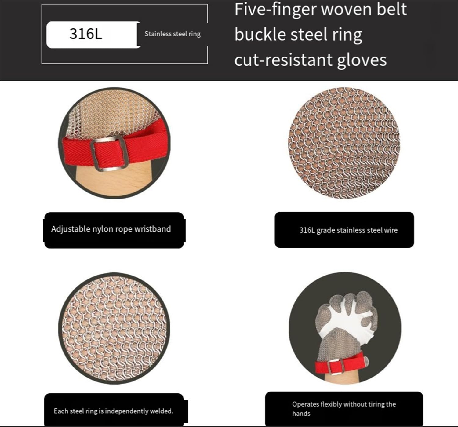 Guantes Anticorte, Anillo De Acero Inoxidable Guantes De Malla Anti Corte Cuchillo Resistente Guante De Carnicero De Cocina Guantes De Seguridad para Tallado De Madera, Carpintería S