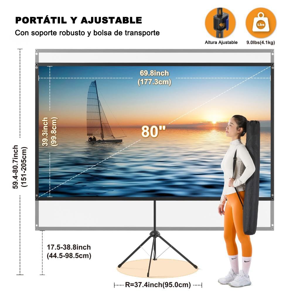 Pantalla de Proyección Exterior 80 Pulgadas 16:9 4K Portátil Resistente al Viento para Cine en Casa y Camping