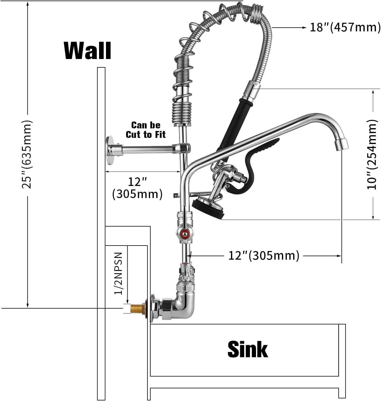 25" Height Commercial Faucet Wall Mount with Sprayer 8" Adjustable Center 12" Swing Spout, Wall Mount Kitchen Sink Faucet with Pull Down Pre-Rinse Sprayer for 1/2 Compartment Sink - Image 6