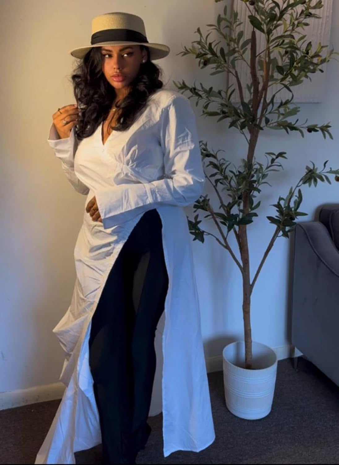 Choichic Women's Deep V Neck Ruched Long Sleeve Side Split High Low Irregular Hem Top Tunic Blouse Long Shirt Dress - Image 5