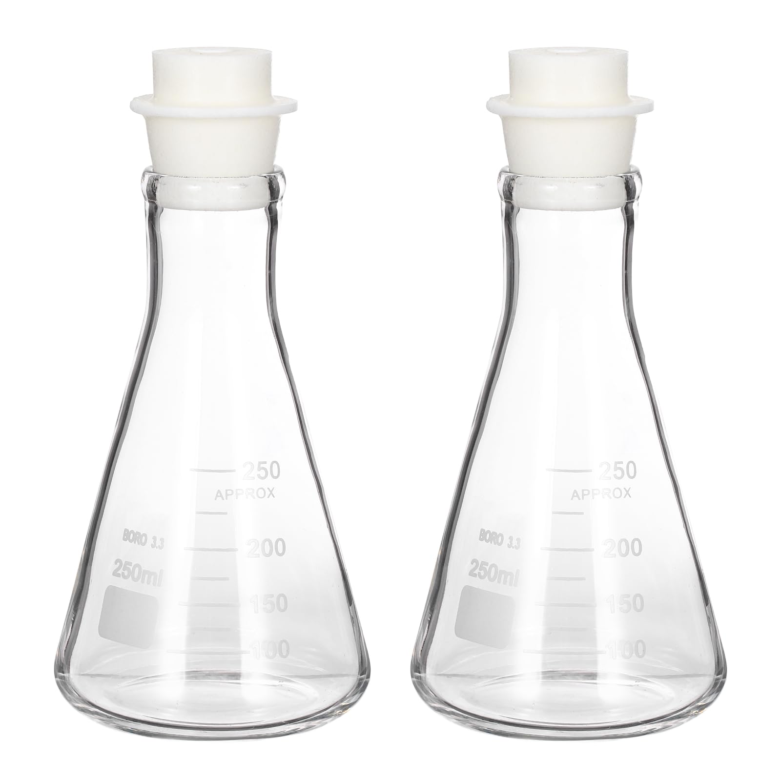 PATIKIL PATIKIL 250ml 8.5oz Matraz Erlenmeyer De De Vidrio De Silicona Arena 2 Pcs|Boca Estrecha Matraz Cónico Borosilicato 3.3 Con Tapón Núcleo De Matraces Graduados Con Escala Impresa
